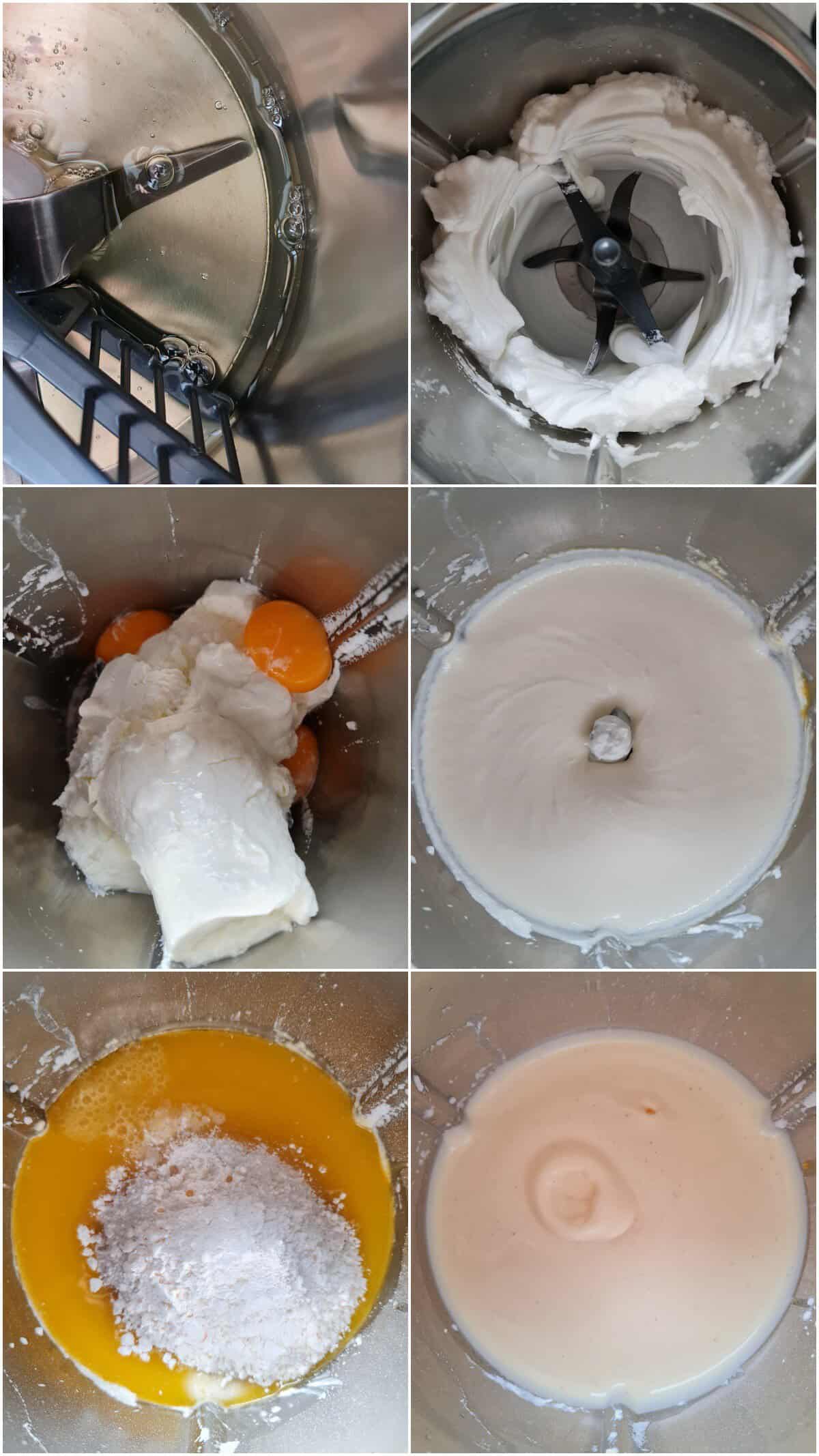 Eine Collage der Zubereitungsschritte für Käsekuchen ohne Boden aus de m Thermomix ®
