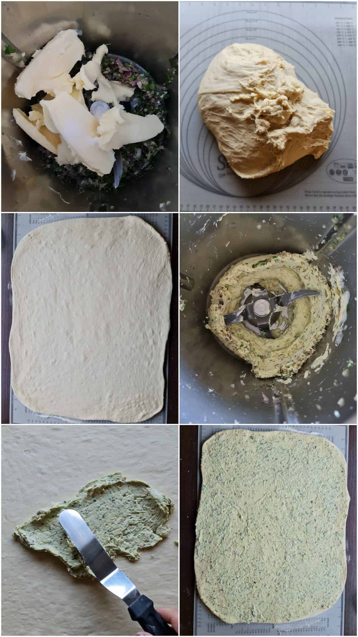 Eine Collage der Zubereitungsschritte für Kräuter-Faltenbrot.