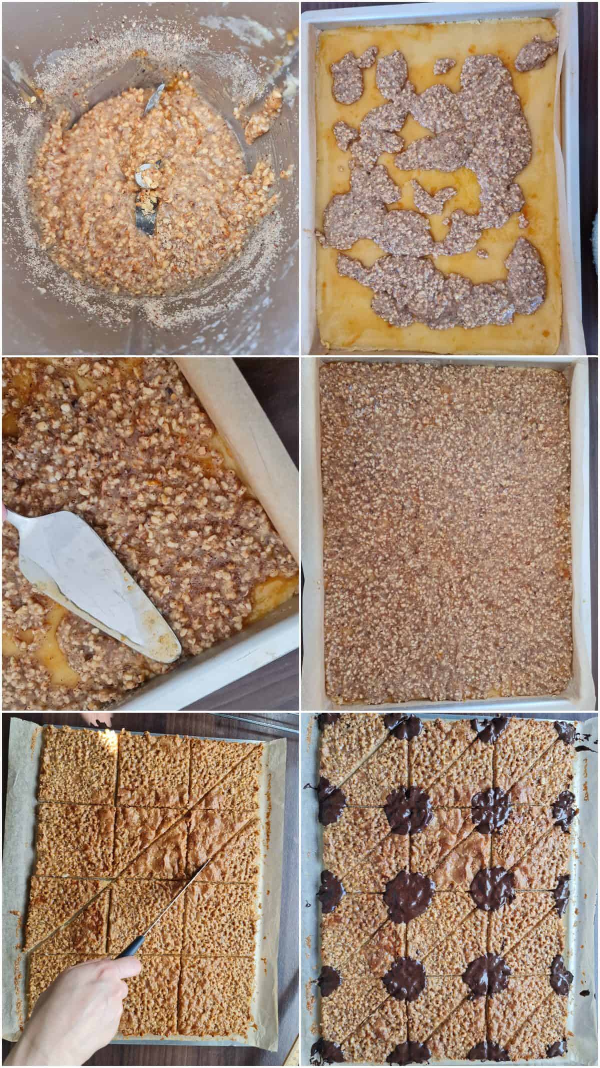 Eine Collage der Zubereitungsschritte für Nussecken.