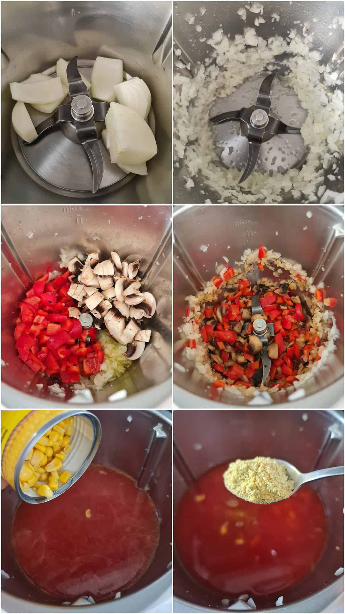 Eine Collage der Zubereitungsschritte für Pizzasuppe