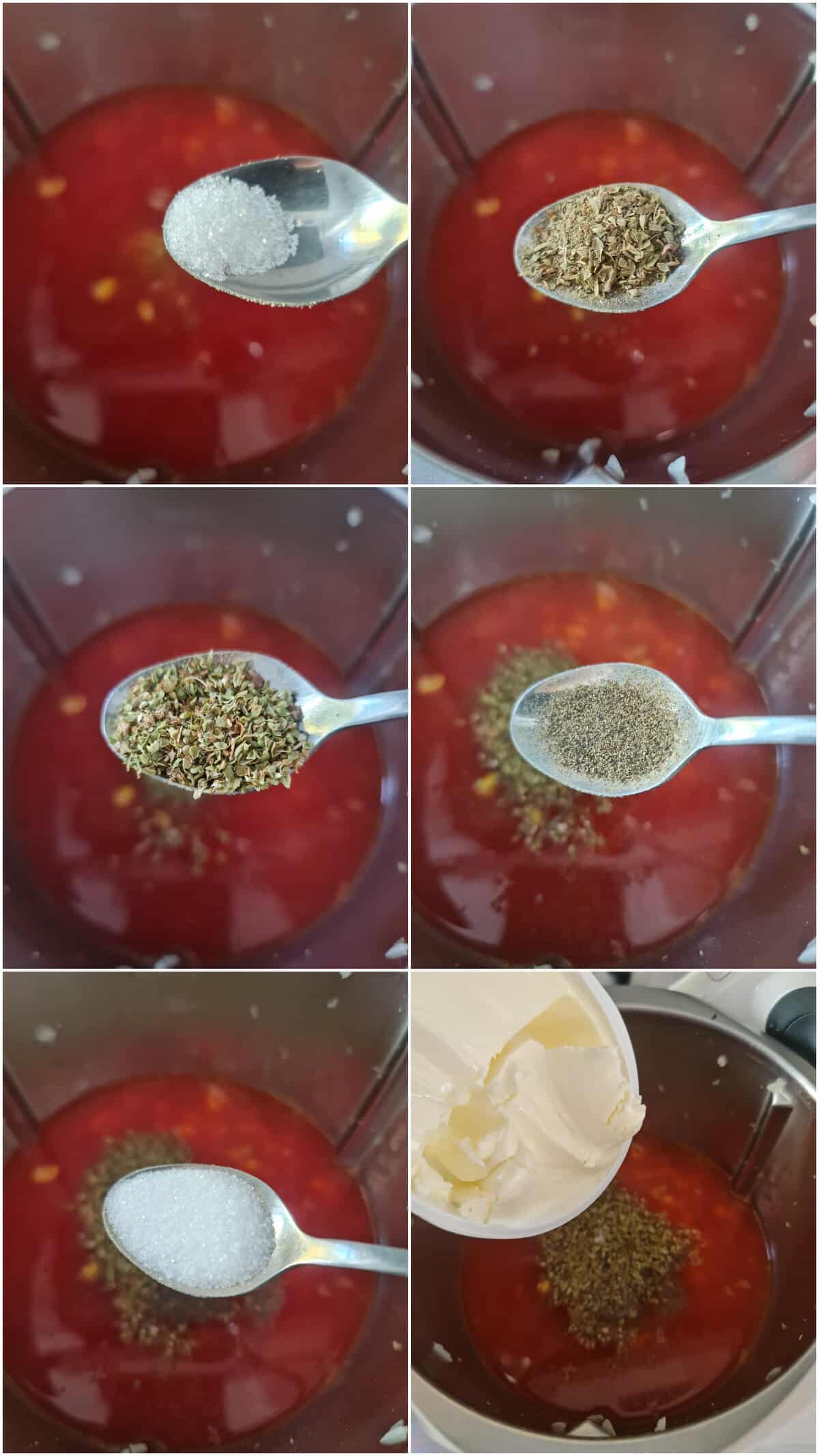 Eine Collage der Zubereitungsschritte für Pizzasuppe