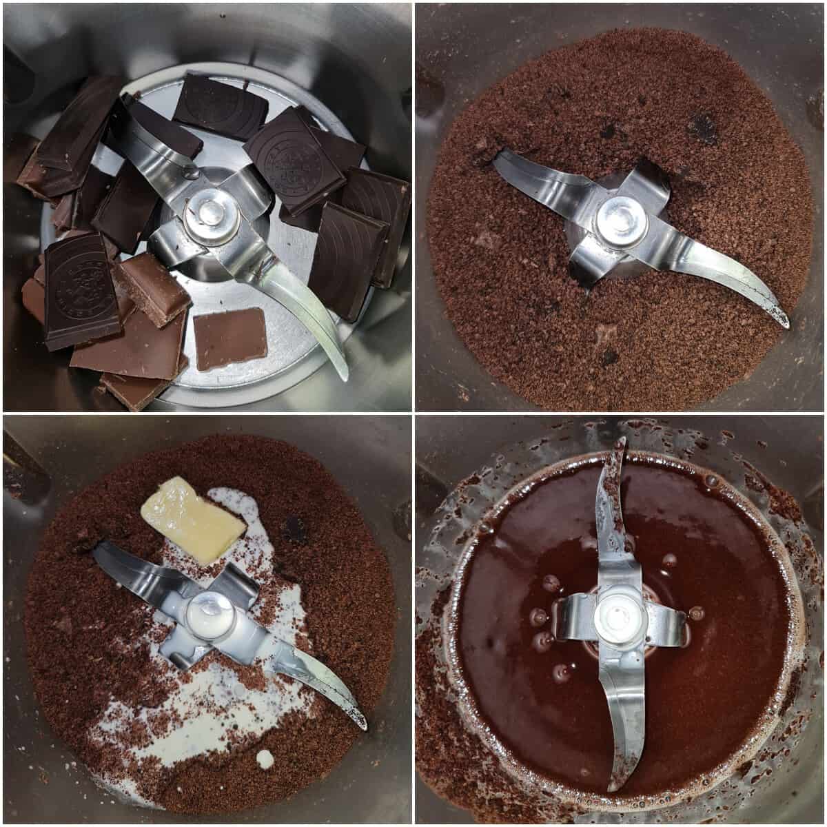 Eine Collage der Zubereitungsschritte für Schokoladenkuchen.