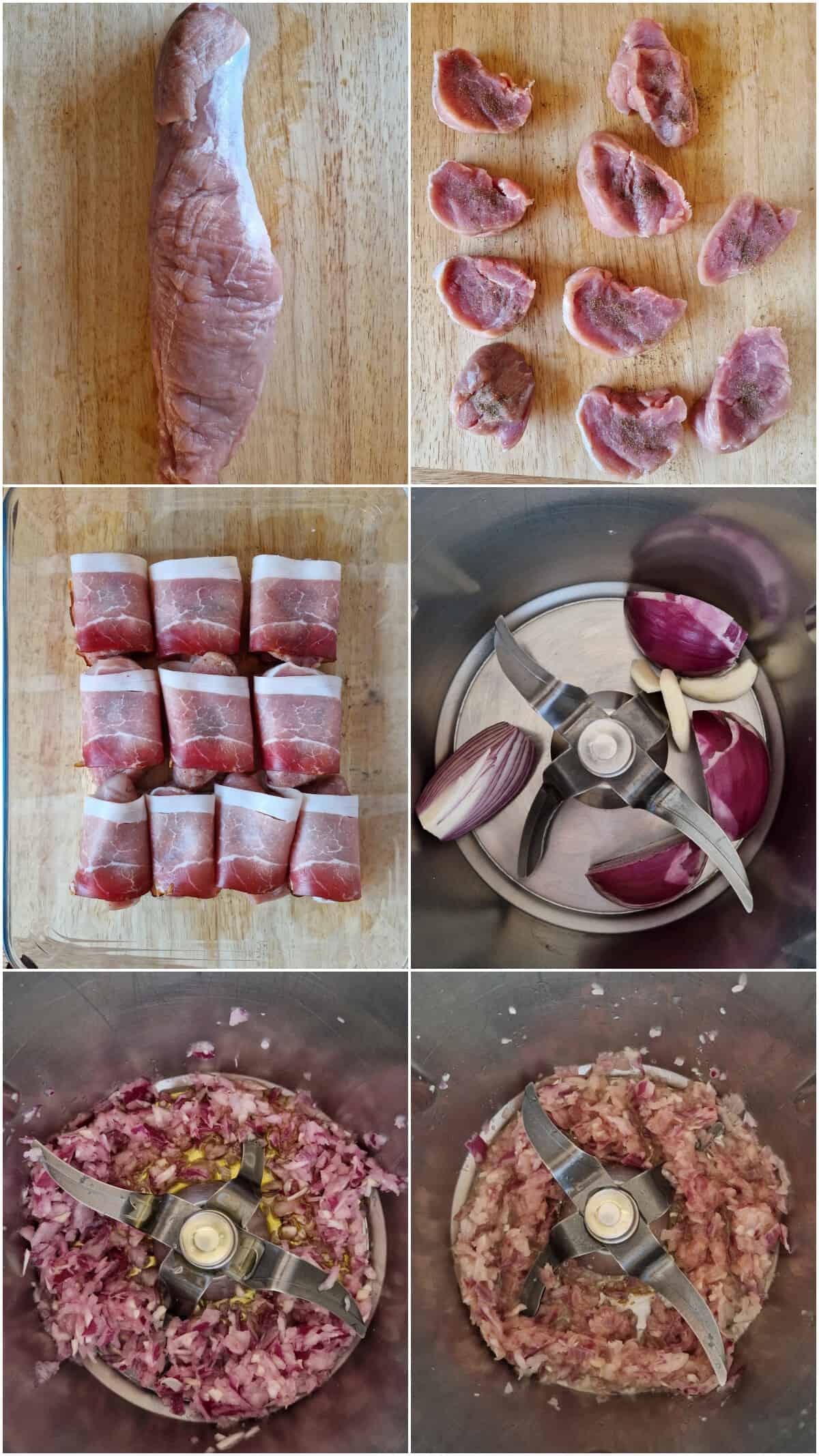 Eine Collage der Zubereitungsschritte für Schweinemedaillons im Schinkenmantel mit Rahmsoße.