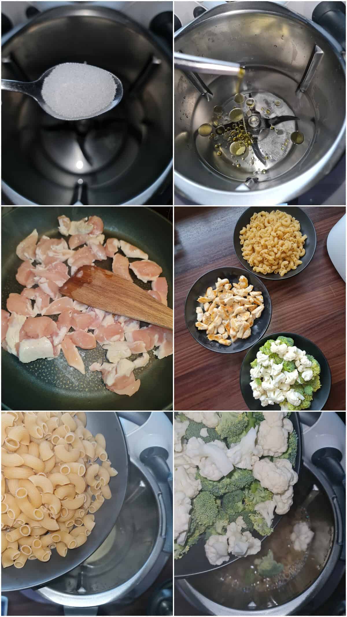 Eine Collage der Zubereitungsschritte für Blumenkohl-Brokkoli Nudelauflauf mit Hähnchen.