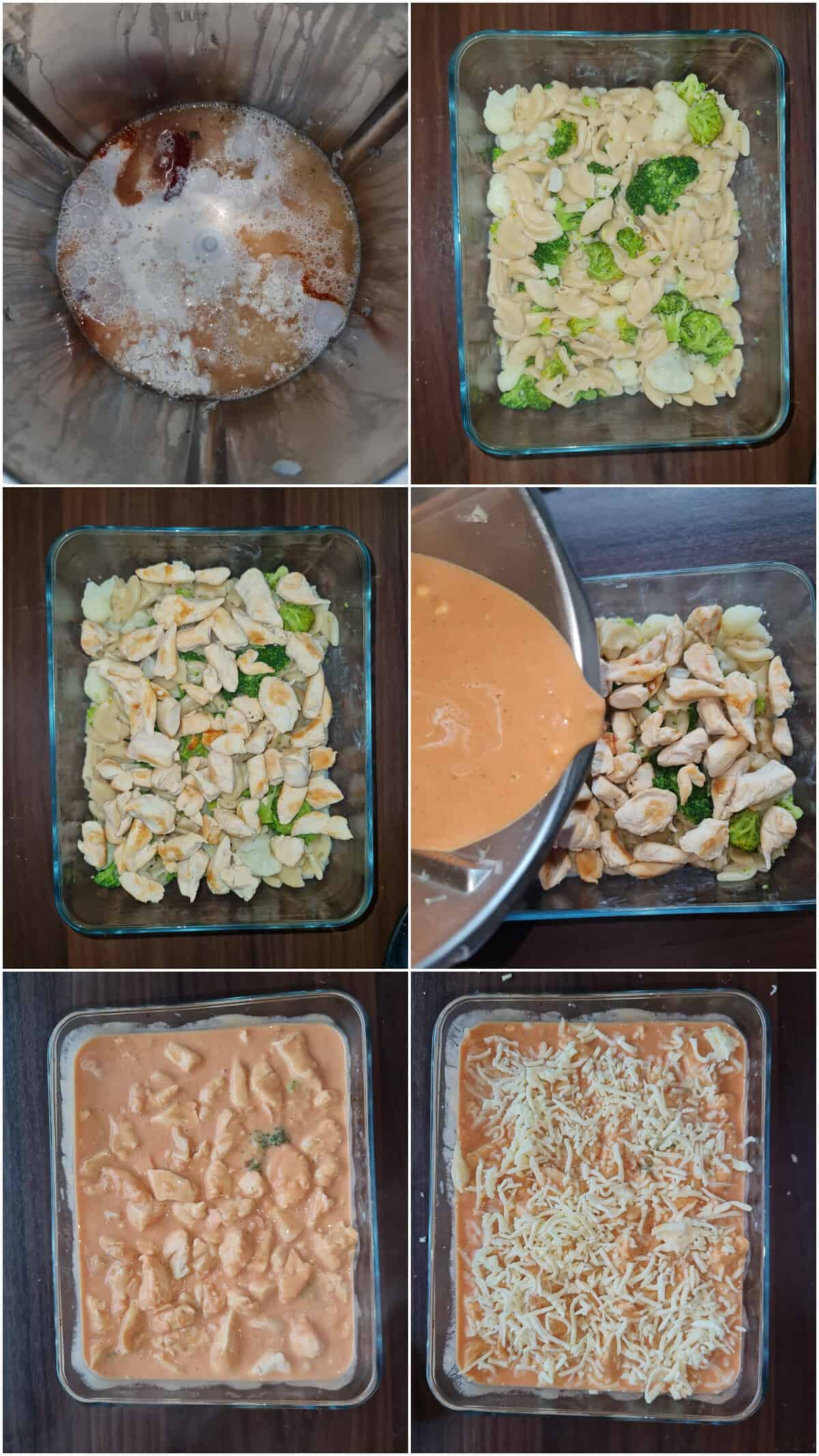 Eine Collage der Zubereitungsschritte für Blumenkohl-Brokkoli Nudelauflauf mit Hähnchen.