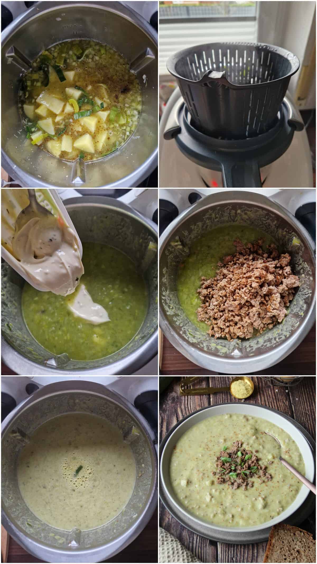 Eine Collage der Zubereitungsschritte für Käse-Lauch-Suppe mit Kartoffeln und Hack.
