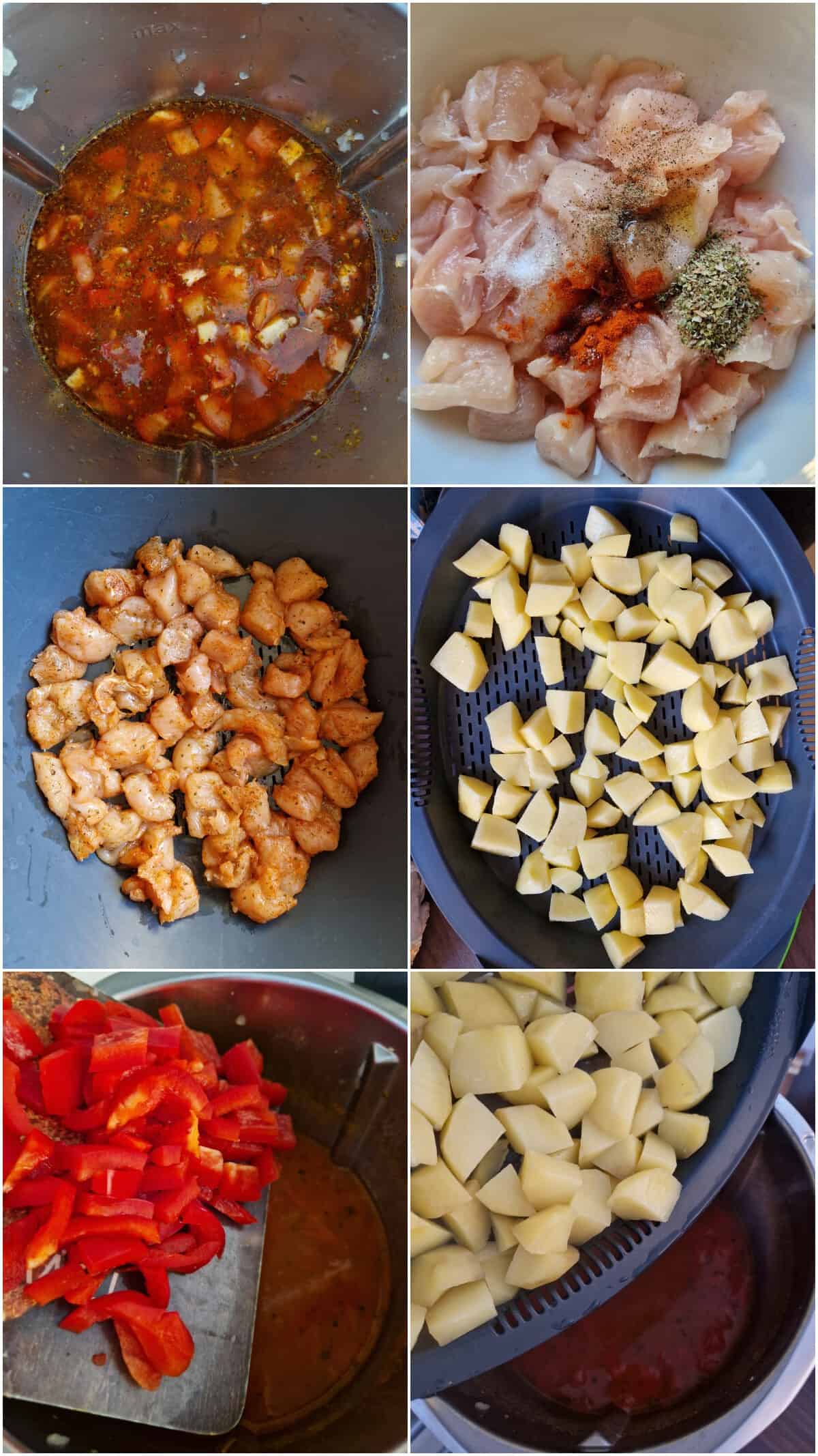 Eine Collage der Zubereitungsschritte für Gulaschsuppe mit Hähnchen.