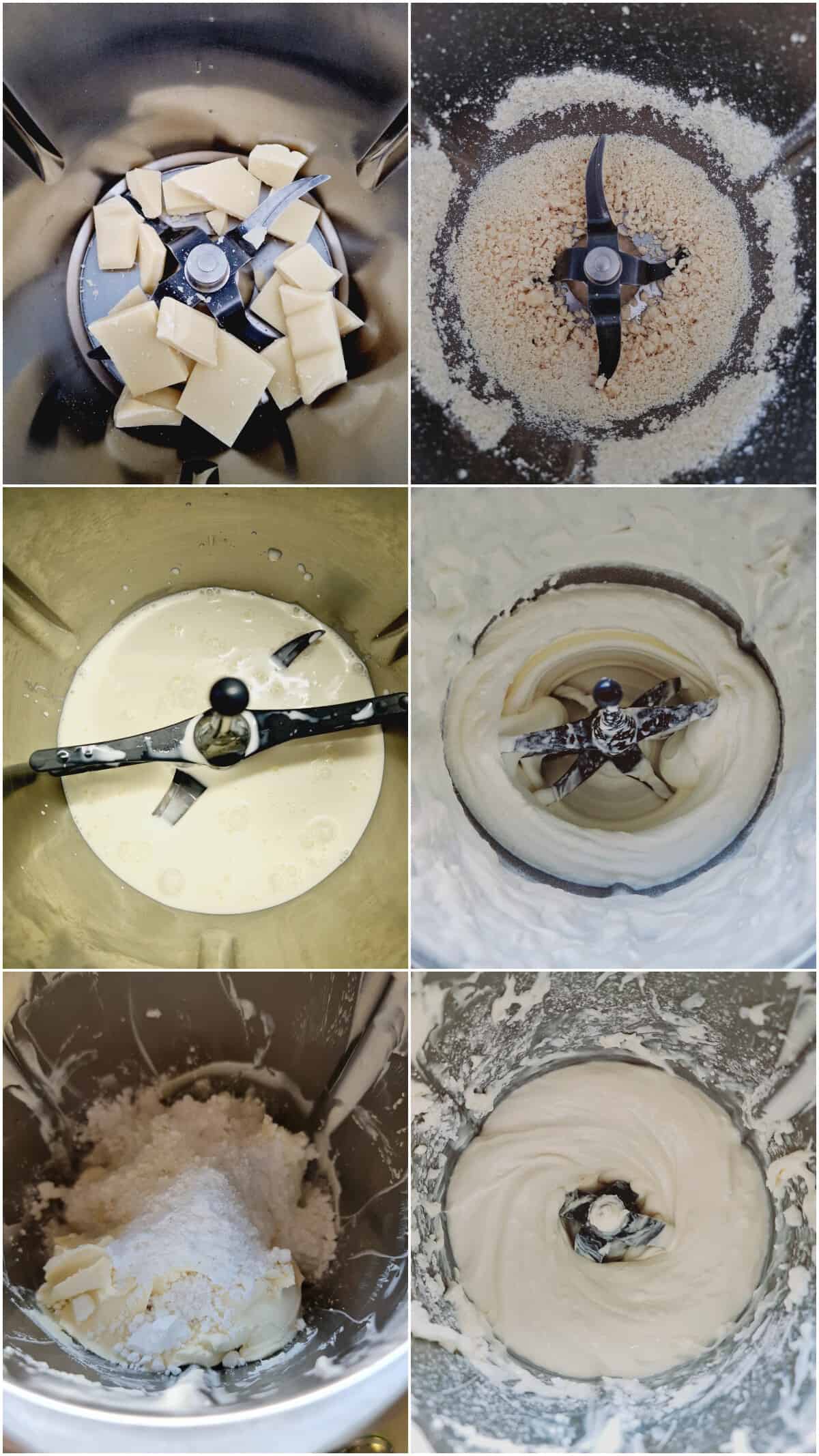 Eine Collage der Zubereitungsschritte für Spaghetti-Eis Dessert.