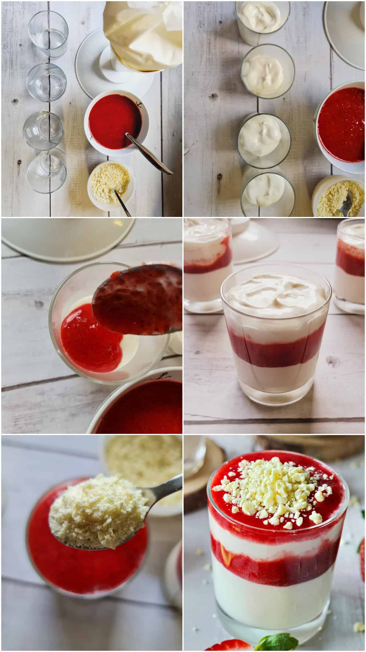 Eine Collage der Zubereitungsschritte für Spaghetti-Eis Dessert.