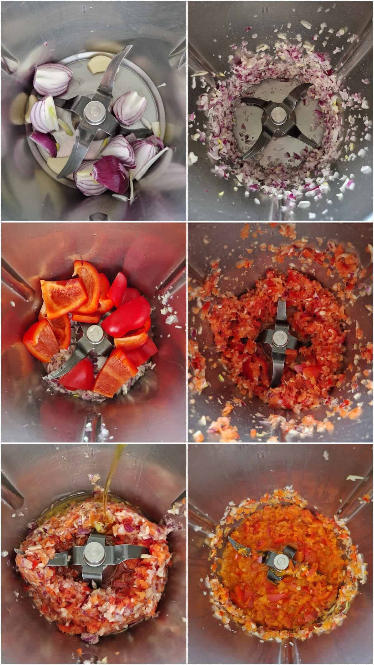 Eine Collage der Zubereitungsschritte für Chili con Carne.