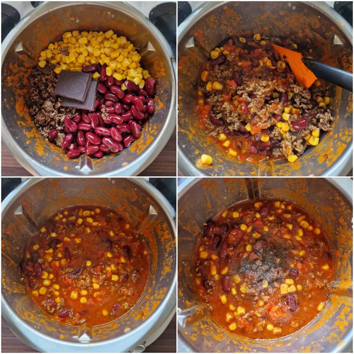 Eine Collage der Zubereitungsschritte für Chili con Carne.