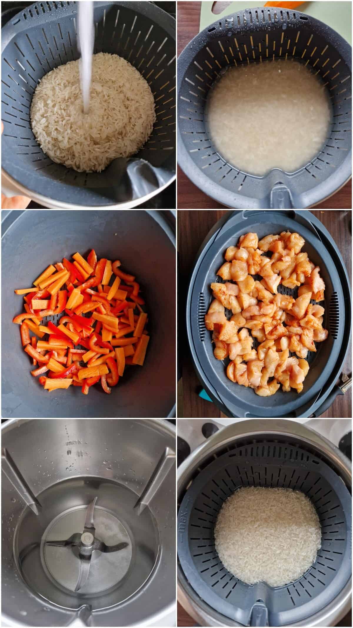 Eine Collage der Zubereitungsschritte für Hähnchen Süß-Sauer mit Reis.