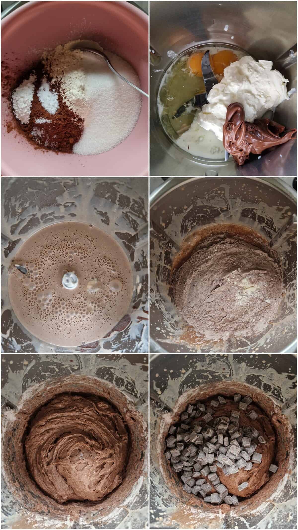 Eine Collage der Zubereitungsschritte für Schoko-Muffins.