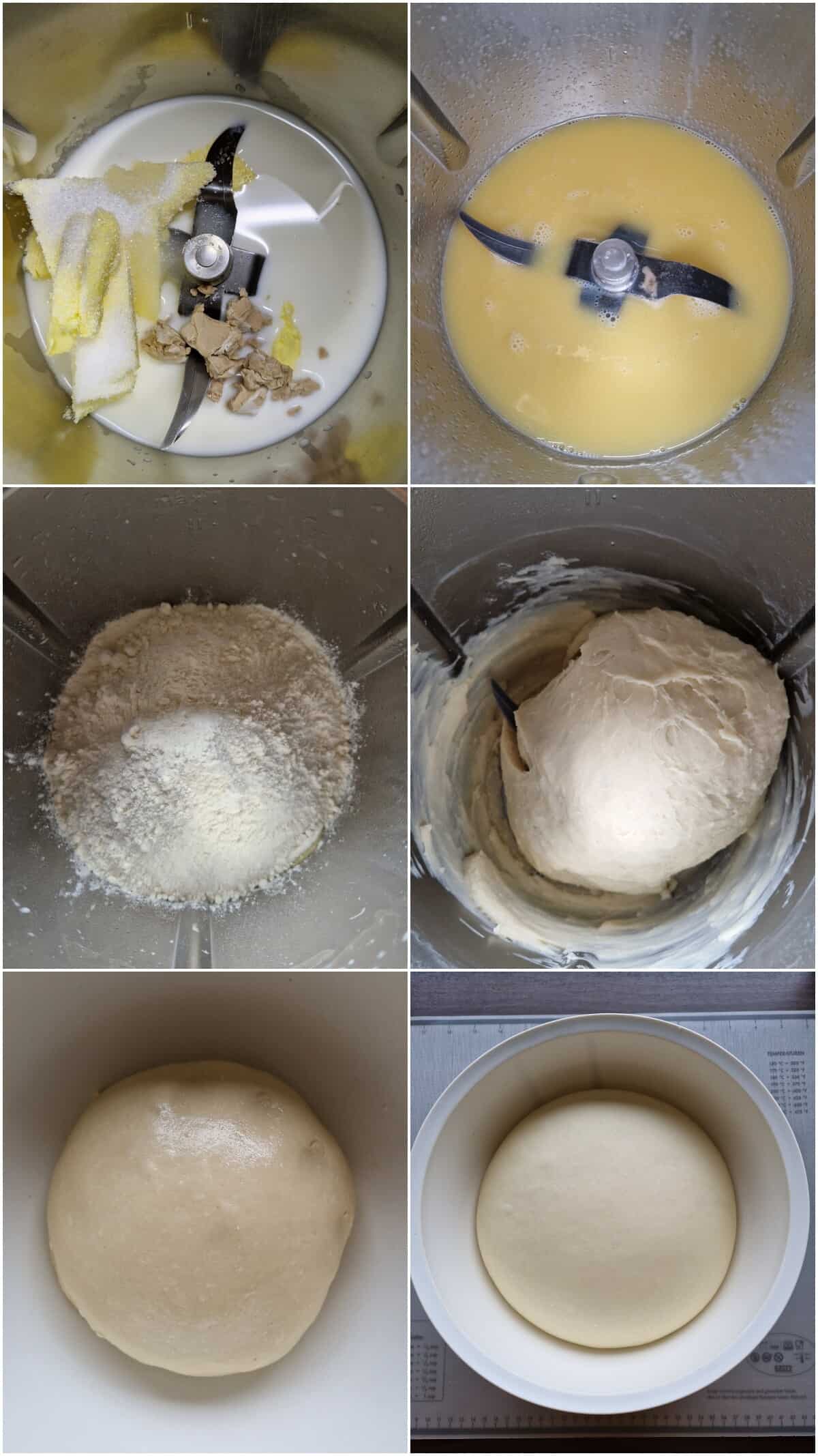 Eine Collage der Zubereitungsschritte für Zimtschnecken mit Frischkäse-Frosting.