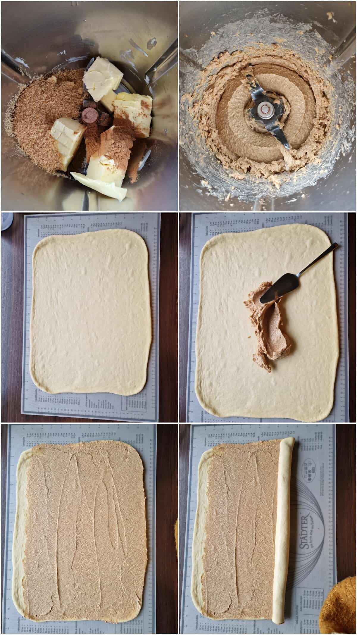 Eine Collage der Zubereitungsschritte für Zimtschnecken mit Frischkäse-Frosting.