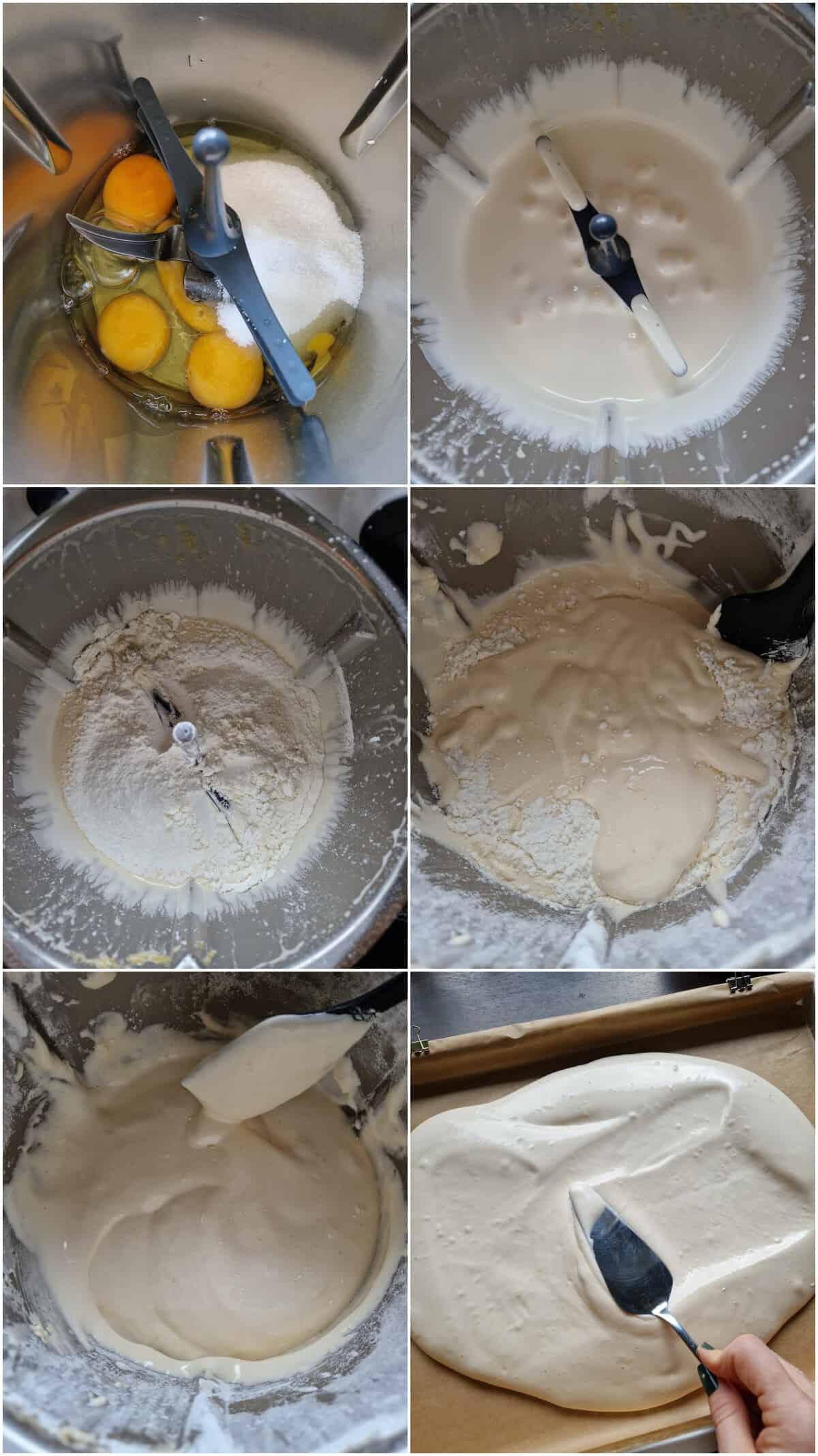 Eine Collage der Zubereitungsschritte für eine Zitronen-Biskuitrolle.
