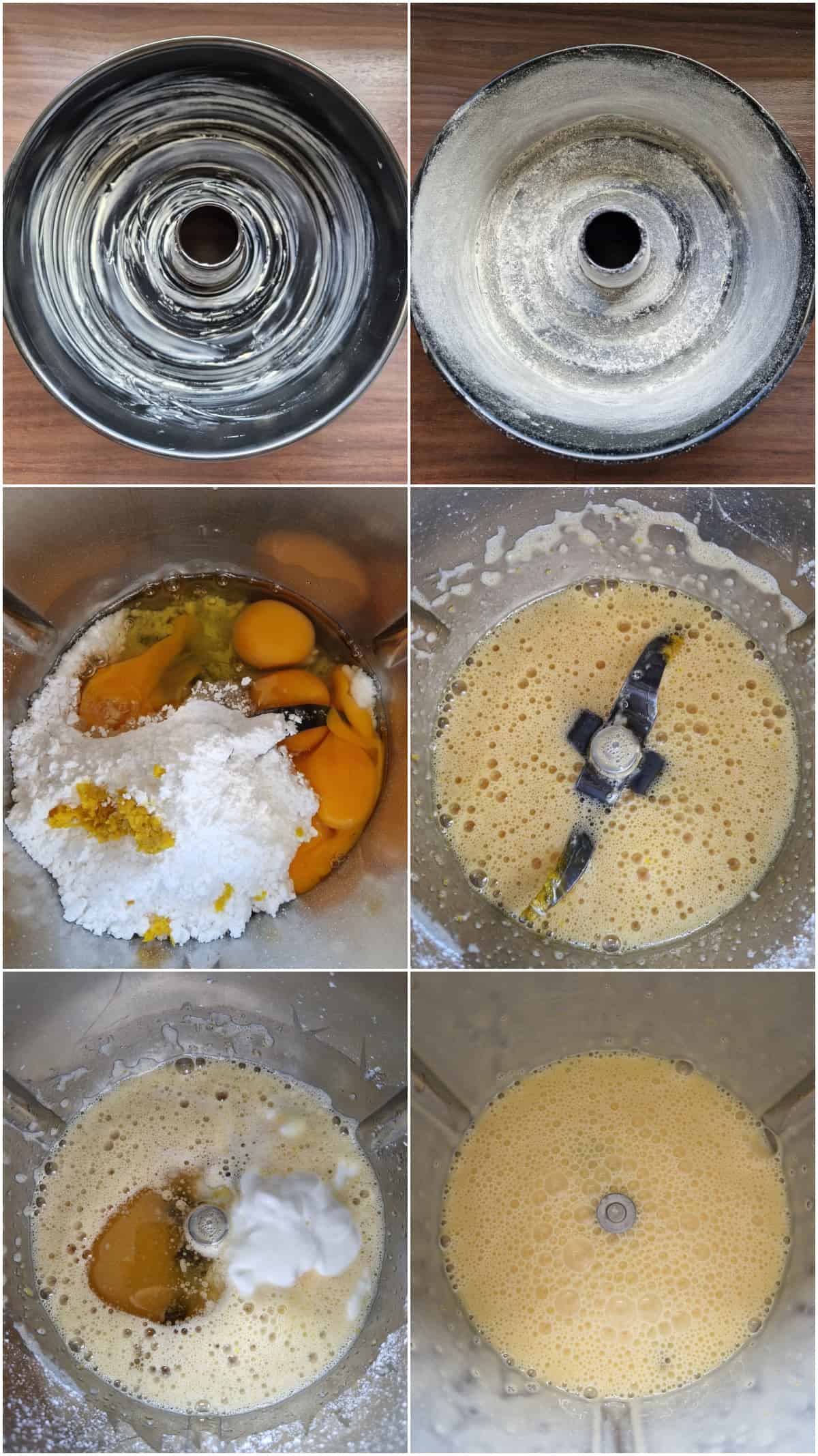 Eine Collage der Zubereitungsschritte für Joghurt-Zitronen-Gugelhupf.