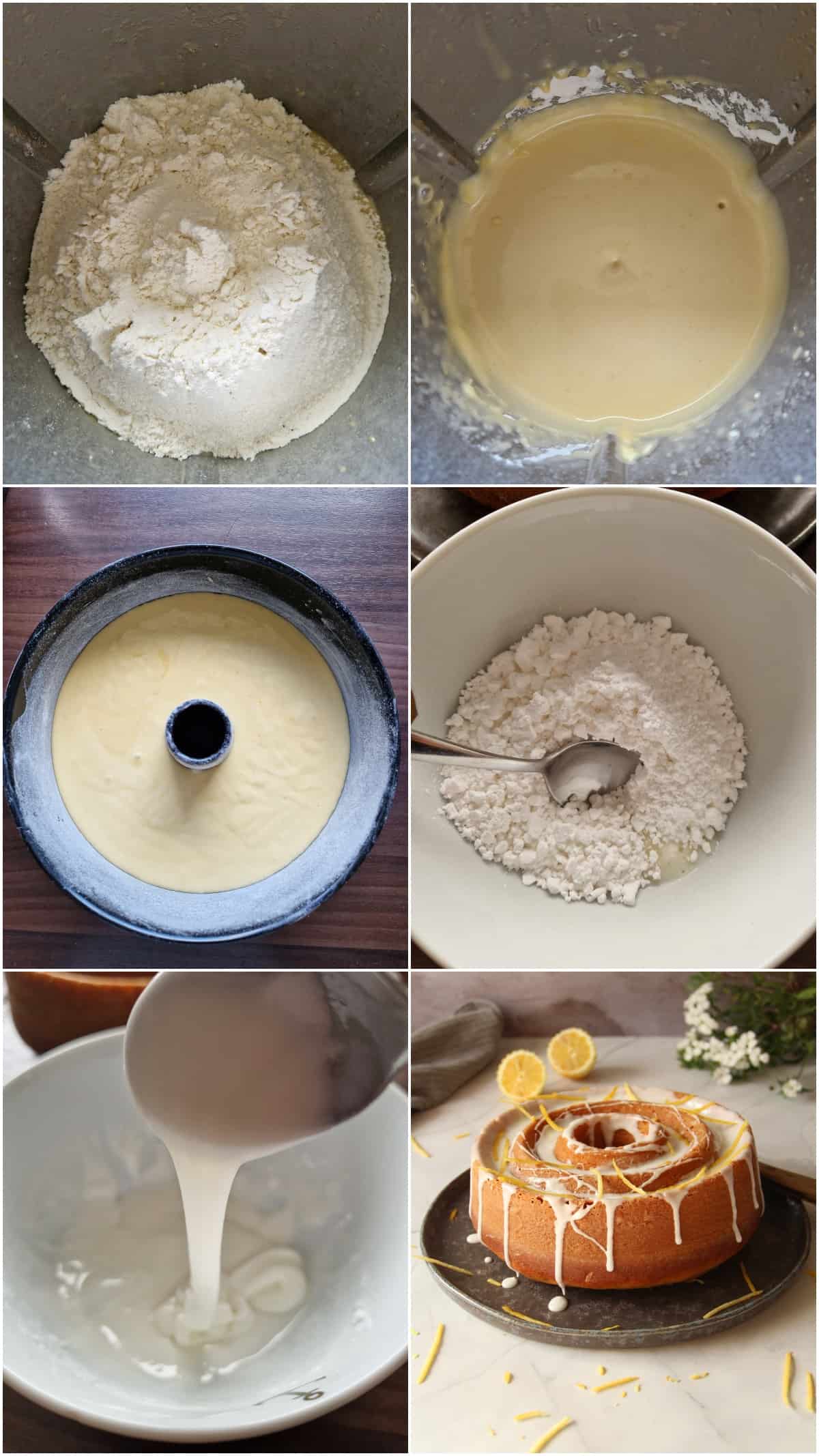 Eine Collage der Zubereitungsschritte für Joghurt-Zitronen-Gugelhupf.