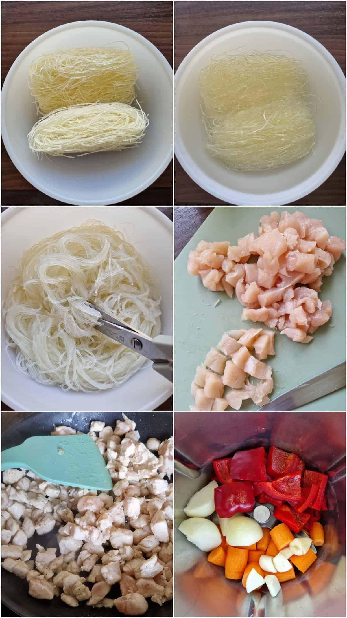 Eine Collage der Zubereitungsschritte für Glasnudelsalat.