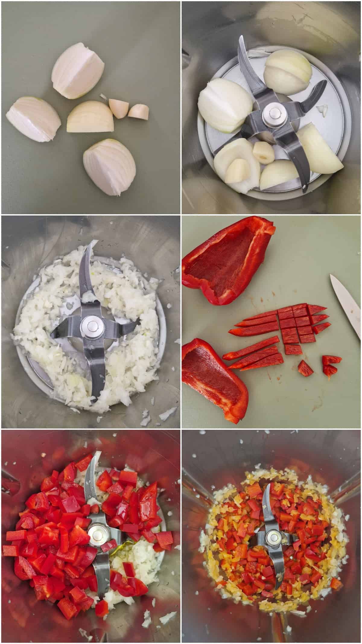 Eine Collage der Zubereitungsschritte für Würstchengulasch.