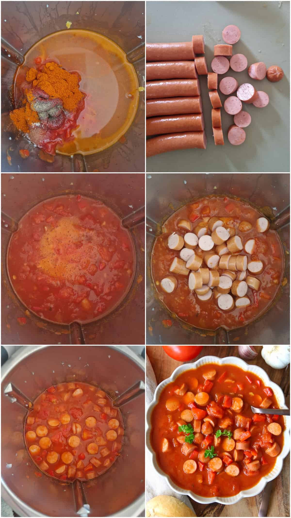 Eine Collage der Zubereitungsschritte für Würstchengulasch.