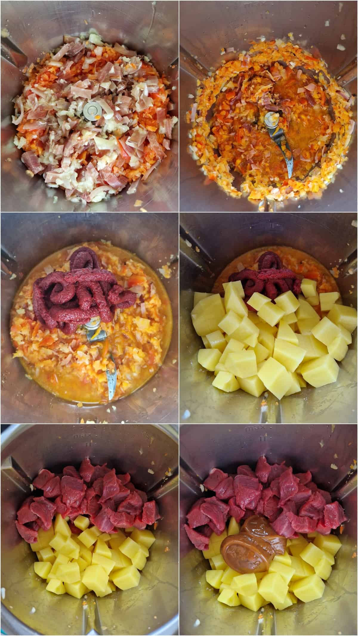 Eine Collage der Zubereitungsschritte für Borschtsch.