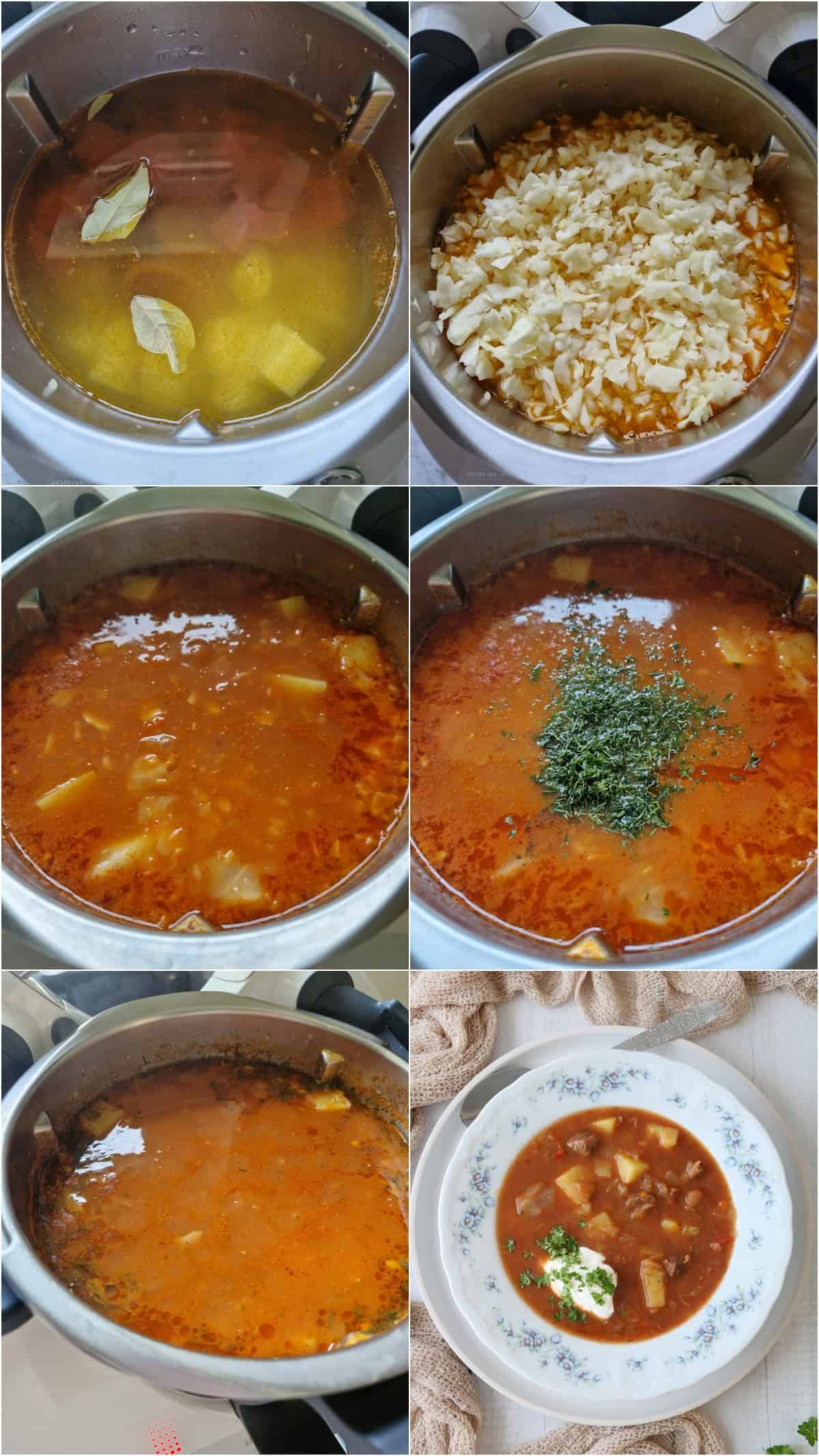 Eine Collage der Zubereitungsschritte für Borschtsch.