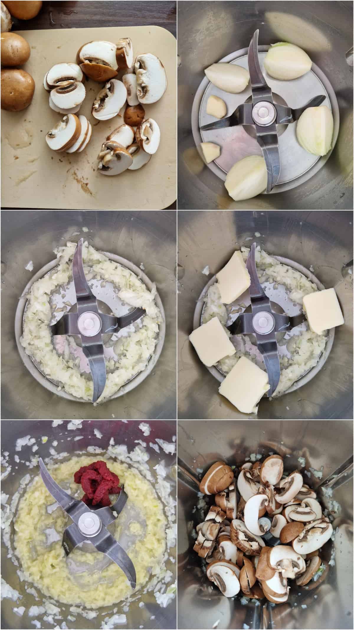 Eine Collage der Zubereitungsschritte für Champignon Rahmsoße.