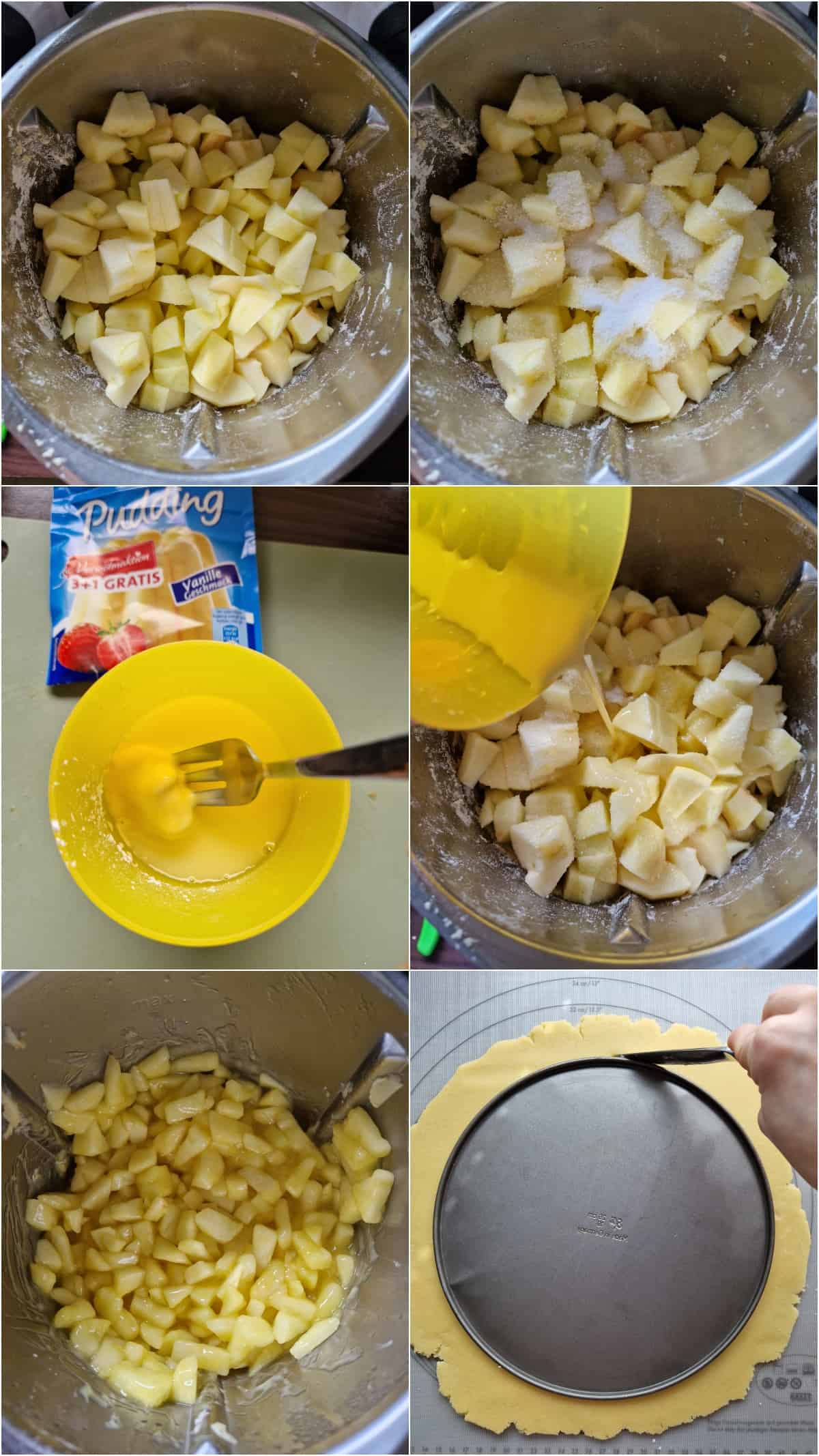 Eine Collage der Zubereitungsschritte für gedeckten Apfelkuchen.