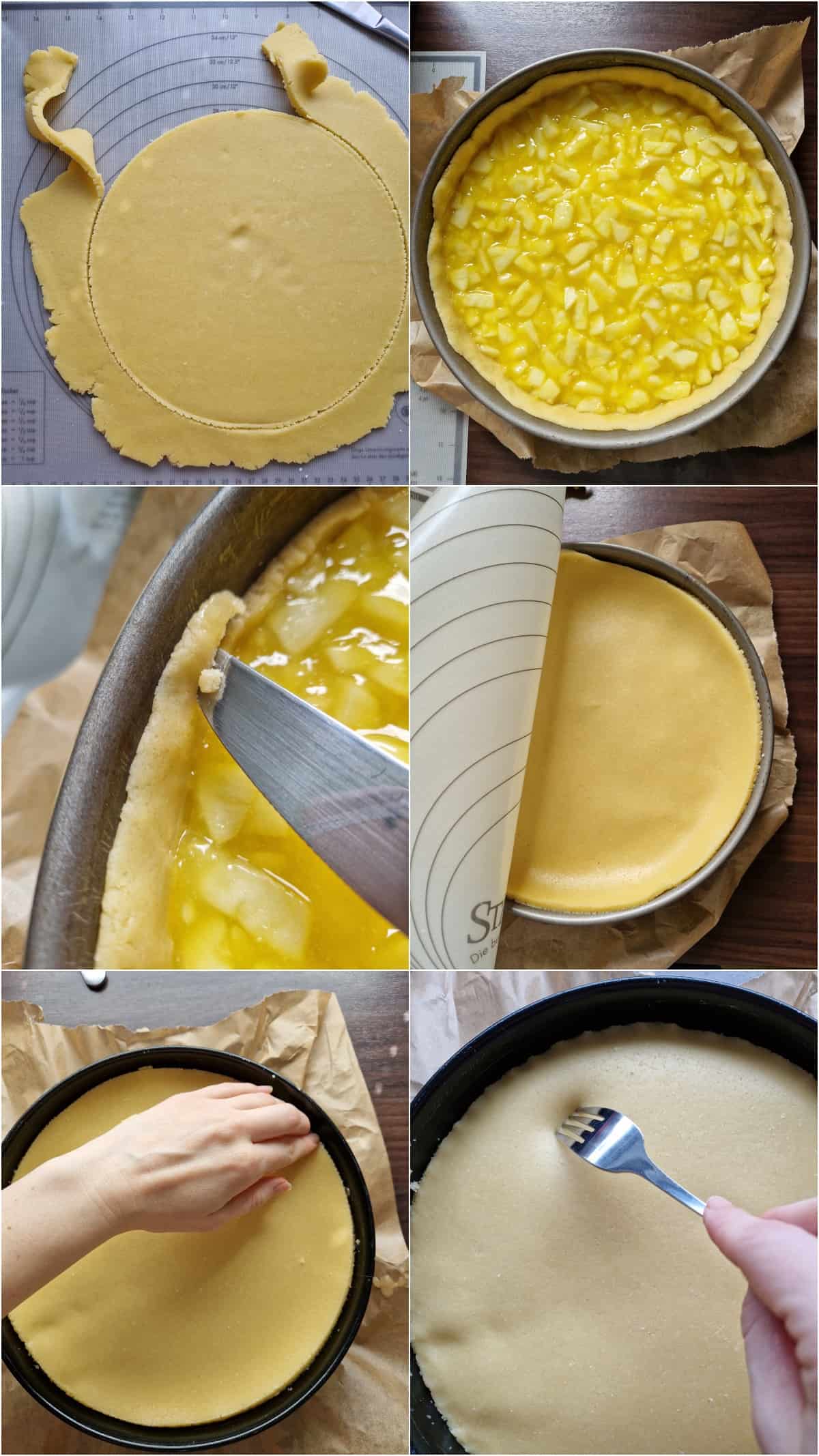Eine Collage der Zubereitungsschritte für gedeckten Apfelkuchen.