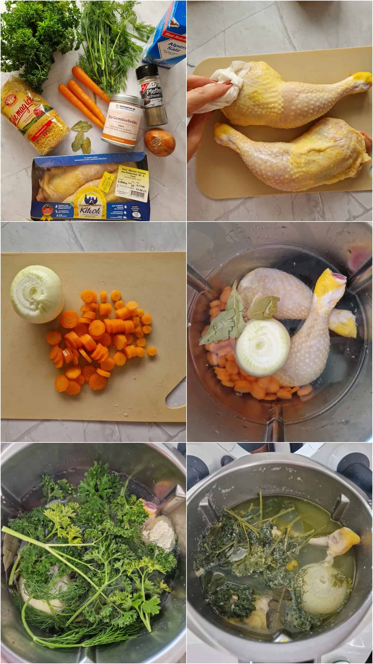 Eine Collage der Zubereitungsschritte für Hühnersuppe.