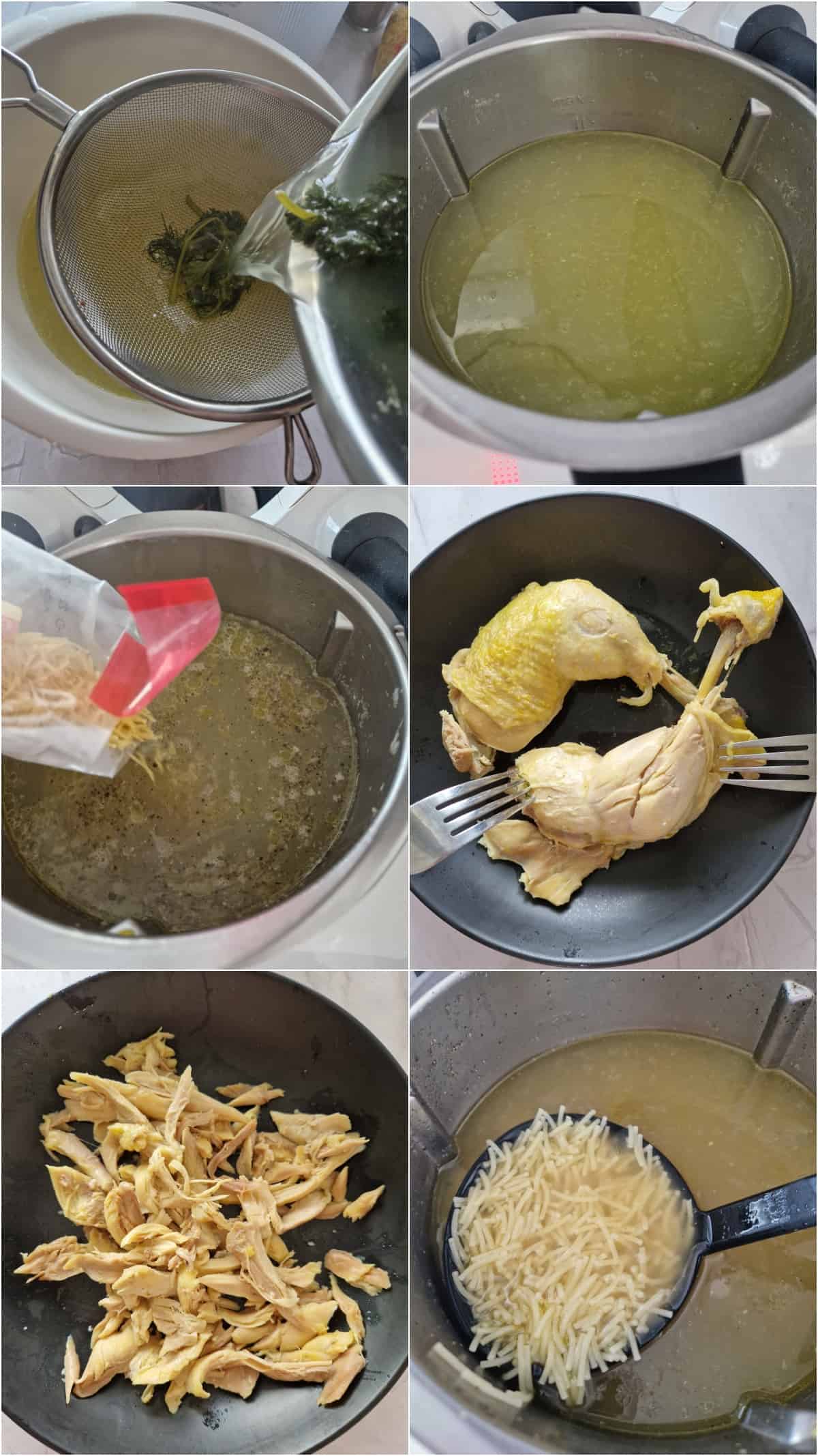 Eine Collage der Zubereitungsschritte für Hühnersuppe.