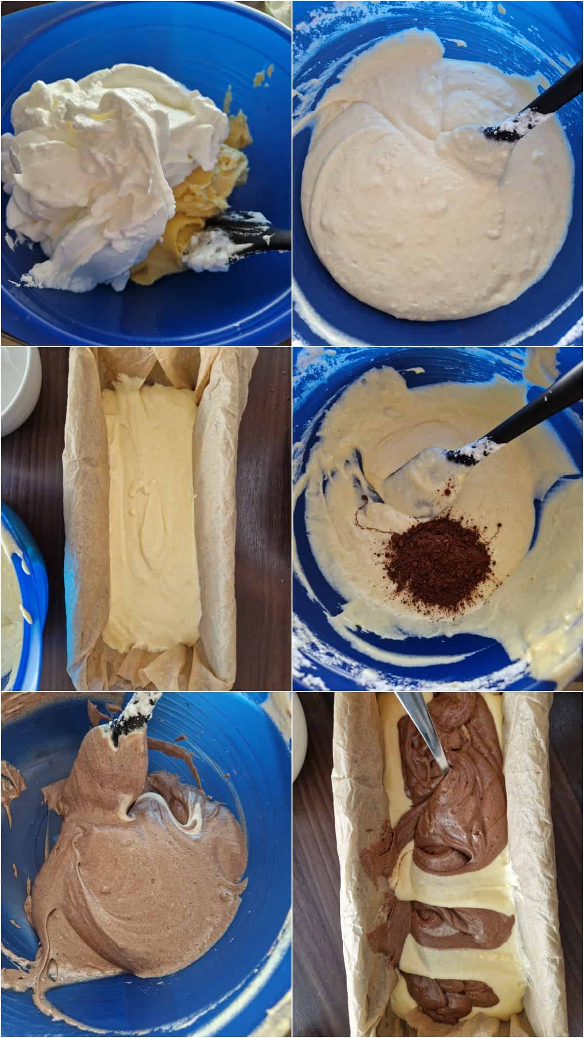 Eine Collage der Zubereitungsschritte von Marmorkuchen.