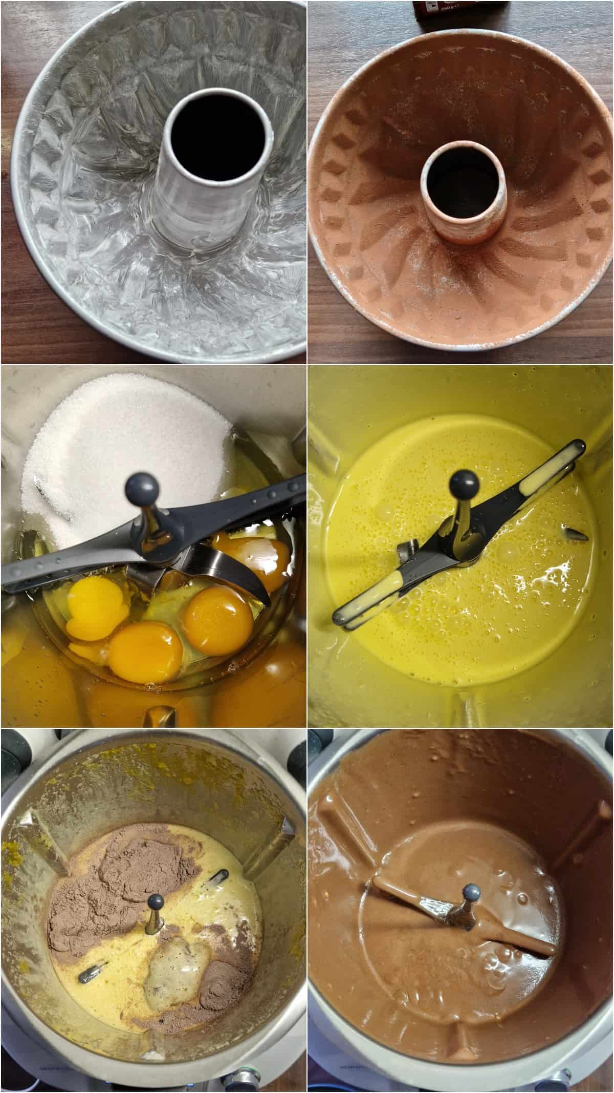 Eine Collage der Zubereitungsschritte für Paradiescreme-Kuchen.