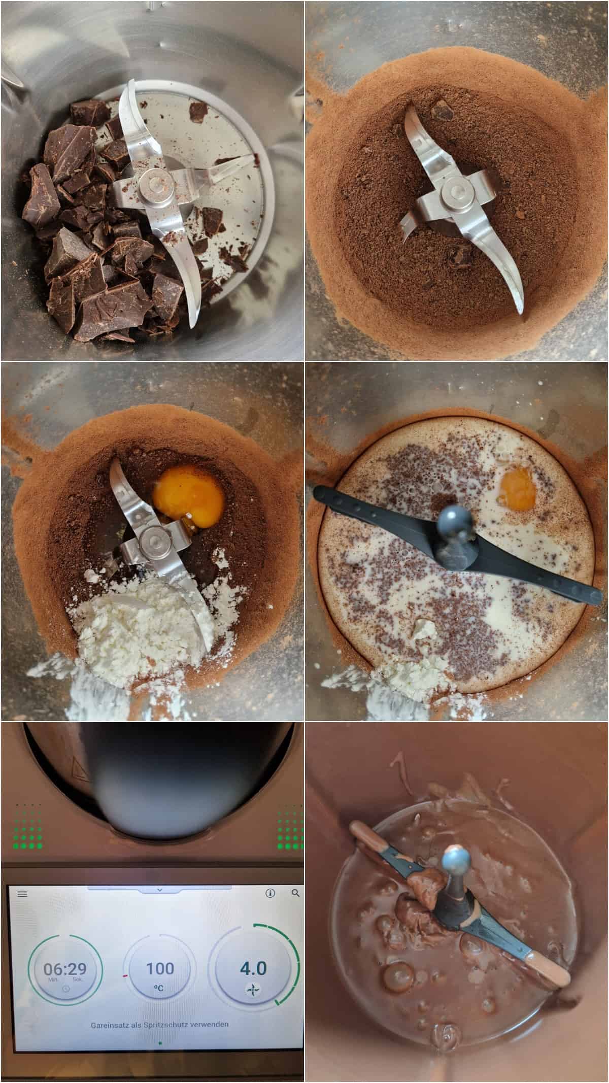Eine Collage der Zubereitungsschritte für Schokoladenpudding.