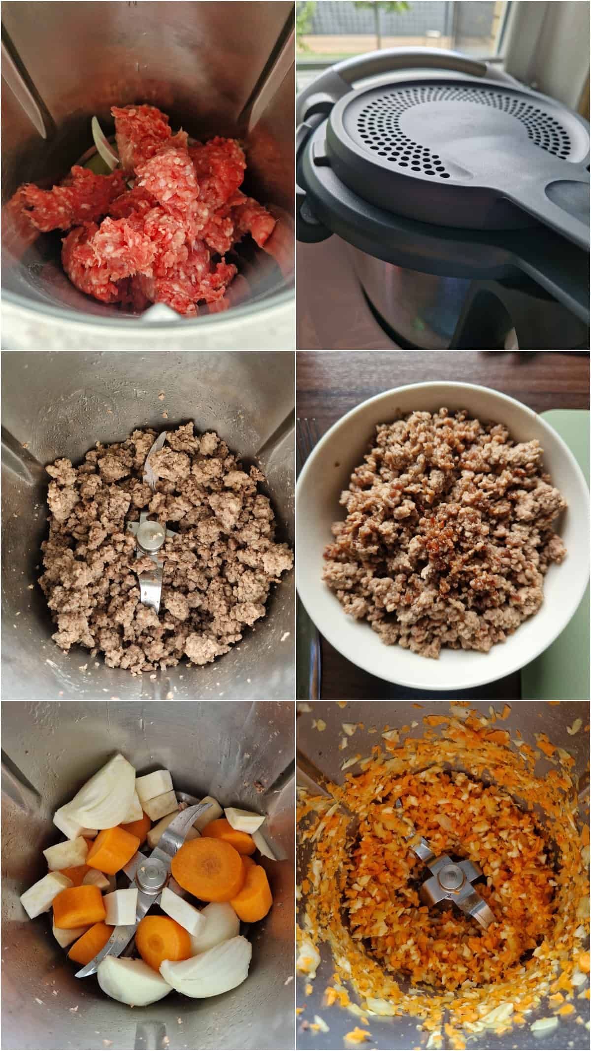Eine Collage der Zubereitungsschritte für Spaghetti Bolognese