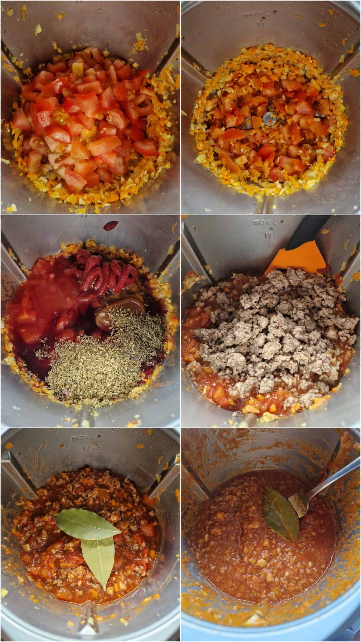 Eine Collage der Zubereitungsschritte für Spaghetti Bolognese