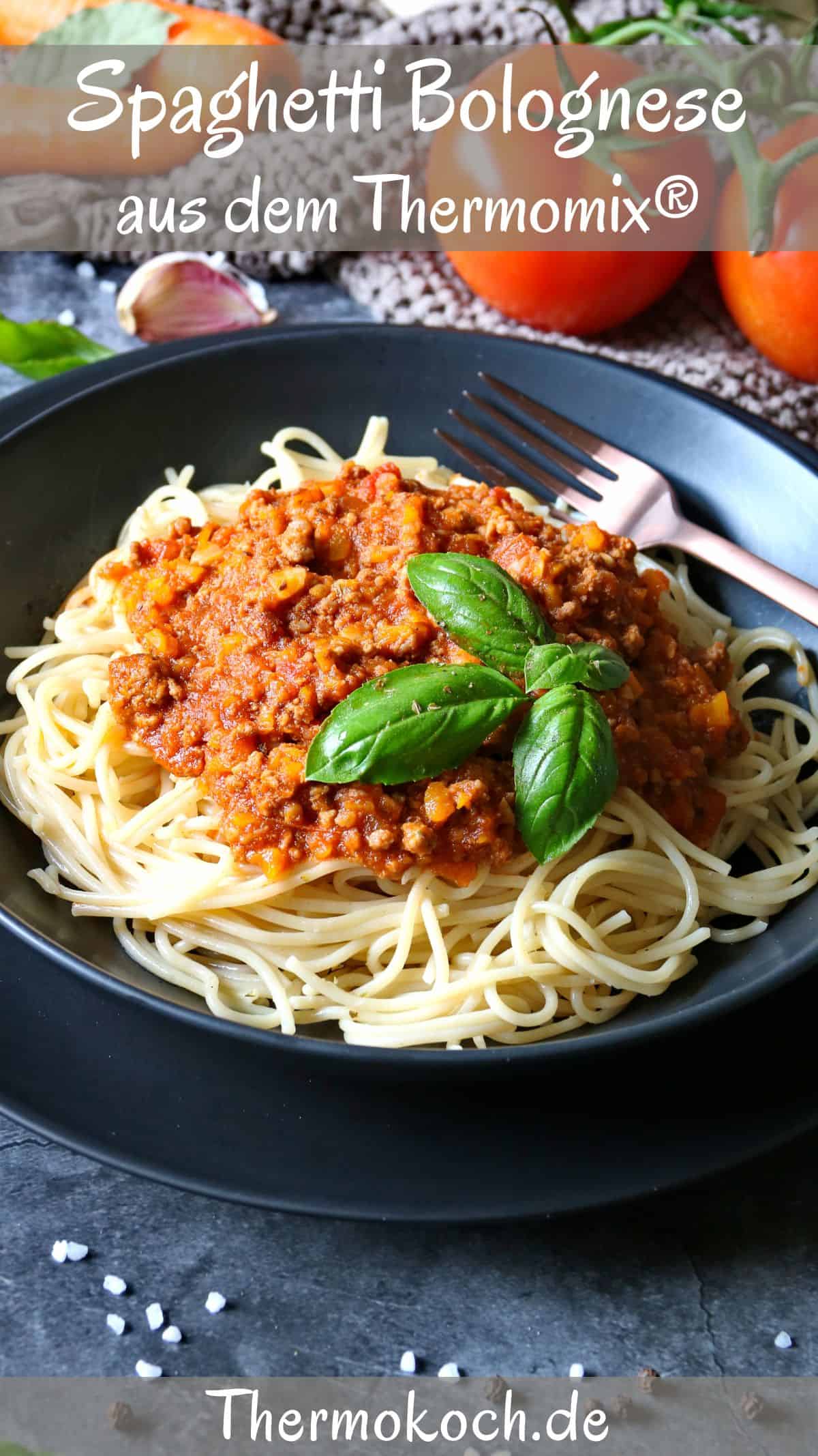 Ein dunkler, tiefer Teller mit Spaghetti Bolognese, garniert mit Basilikumblättern.