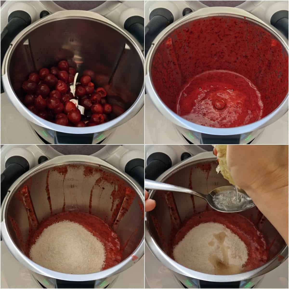 Eine Collage der Zubereitungsschritte für Kirschmarmelade.