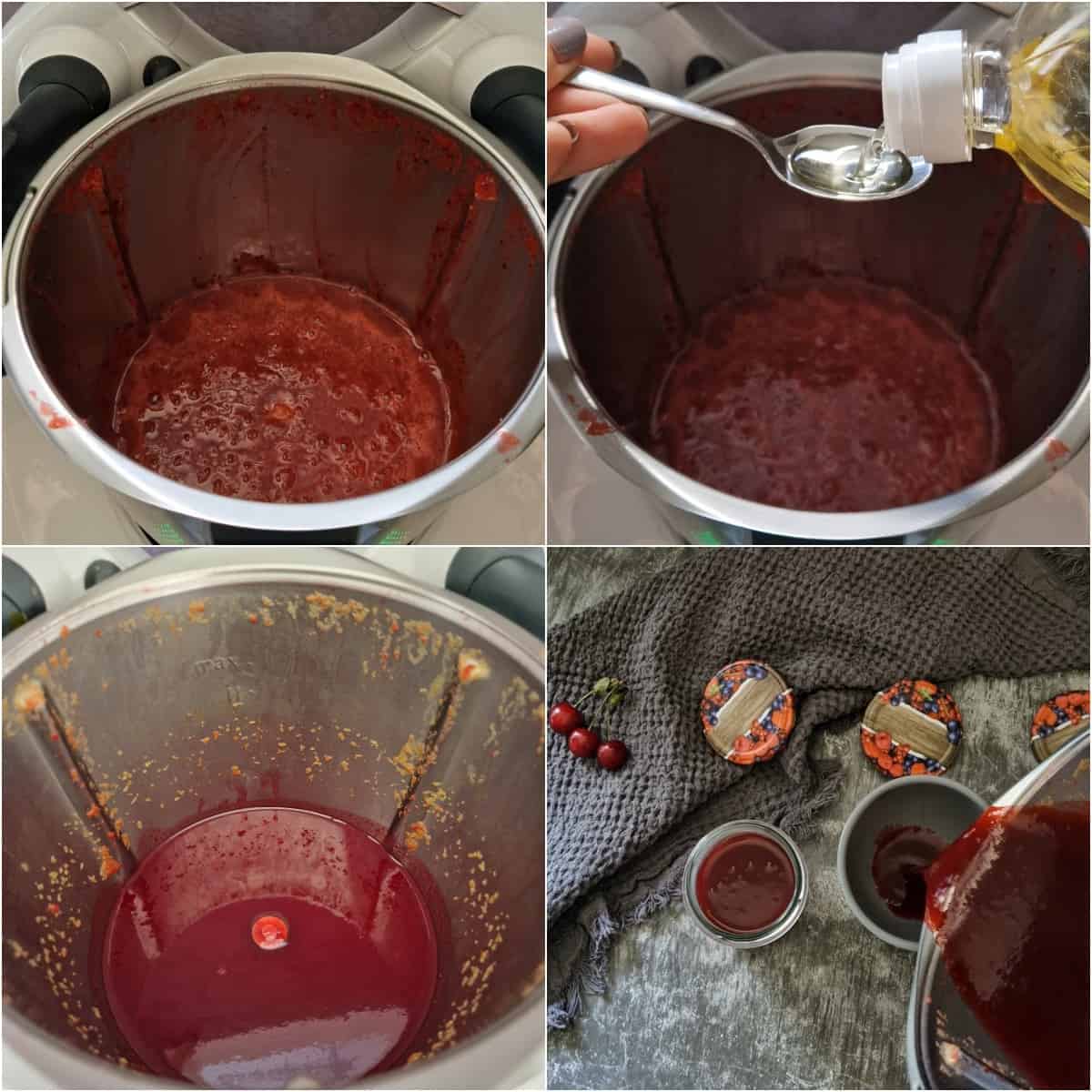 Eine Collage der Zubereitungsschritte für Kirschmarmelade.