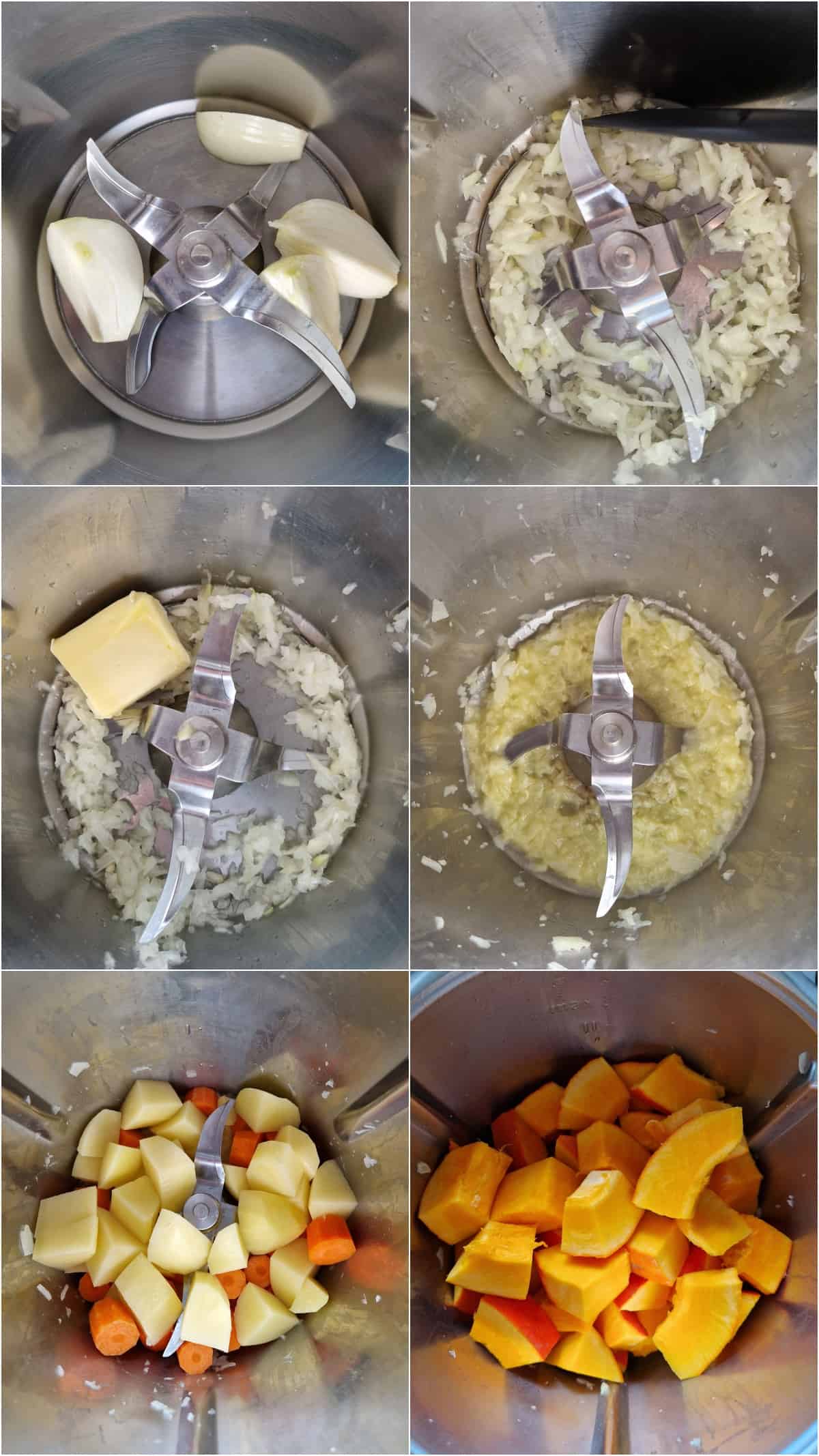Eine Collage der Zubereitungsschritte für Kürbissuppe mit Kartoffeln und Möhren.