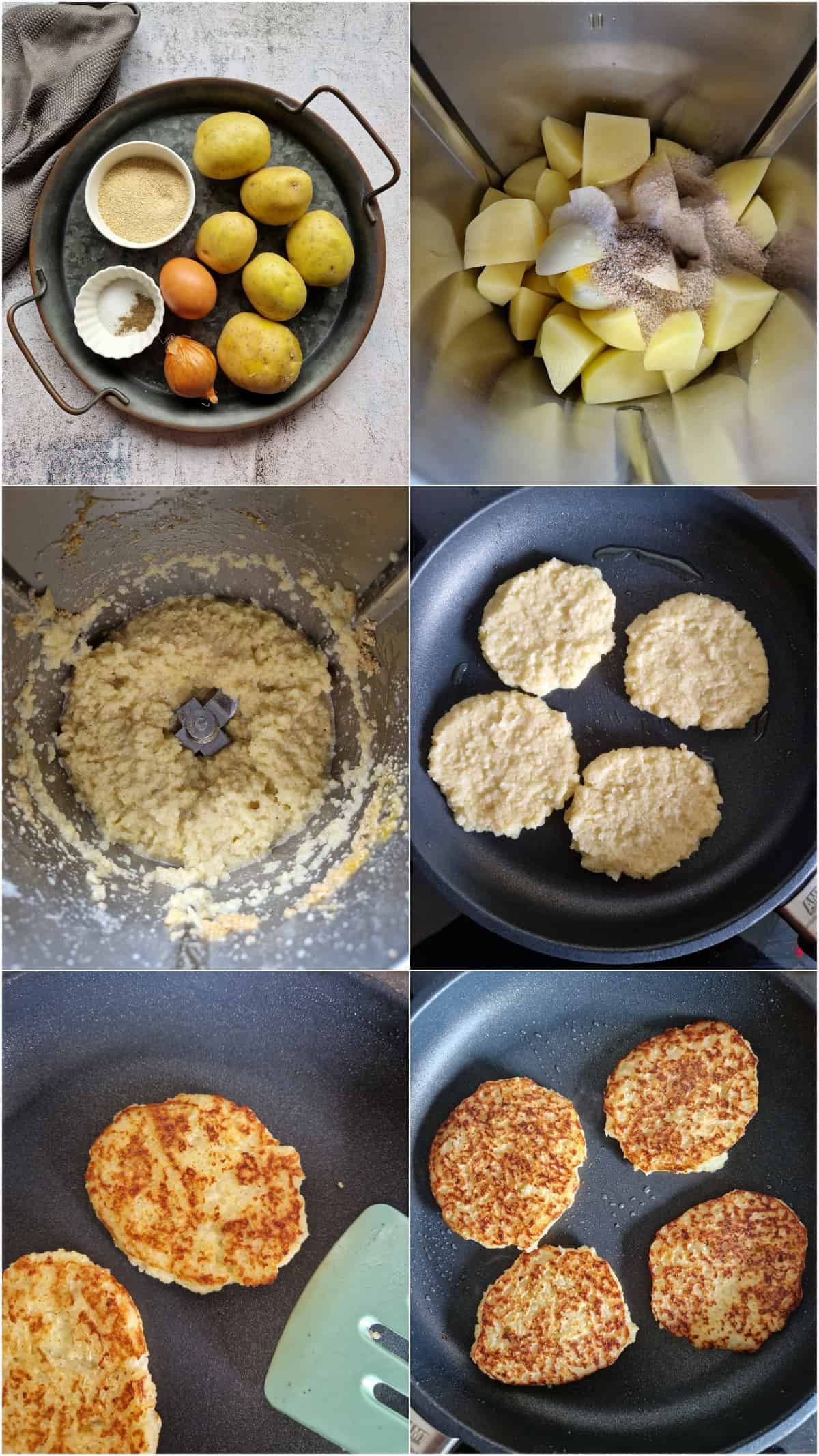Eine Collage der Zubereitungsschritte für Kartoffelpuffer.