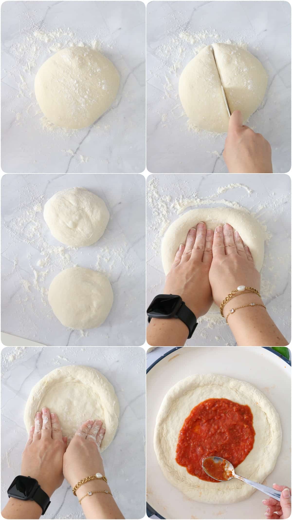 Eine Collage der Schritte, um eine Pizza zu formen.