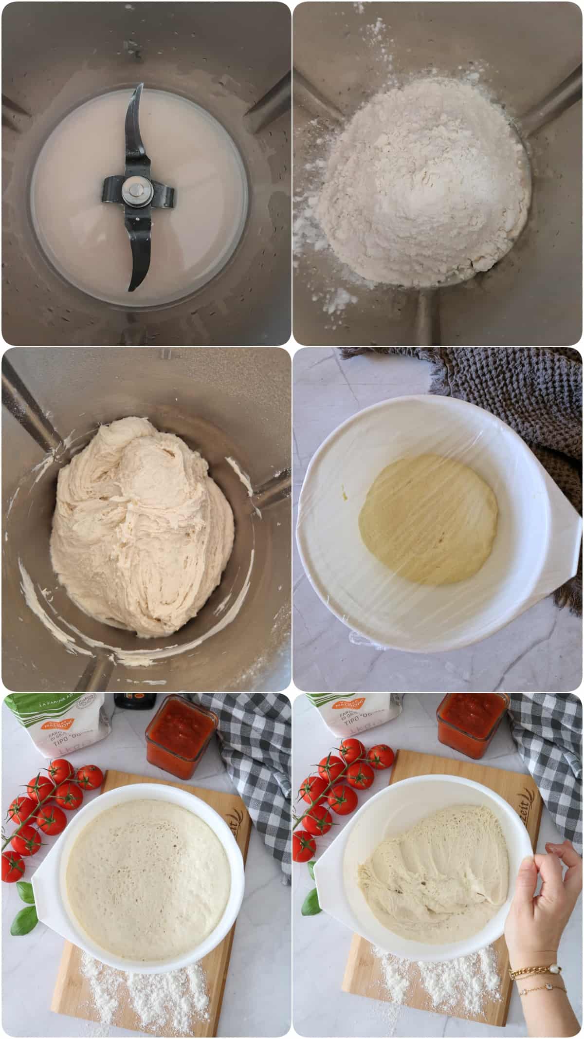 Eine Collage der Zubereitungsschritte von Pizzateig mit frischer Hefe im Thermomix®.