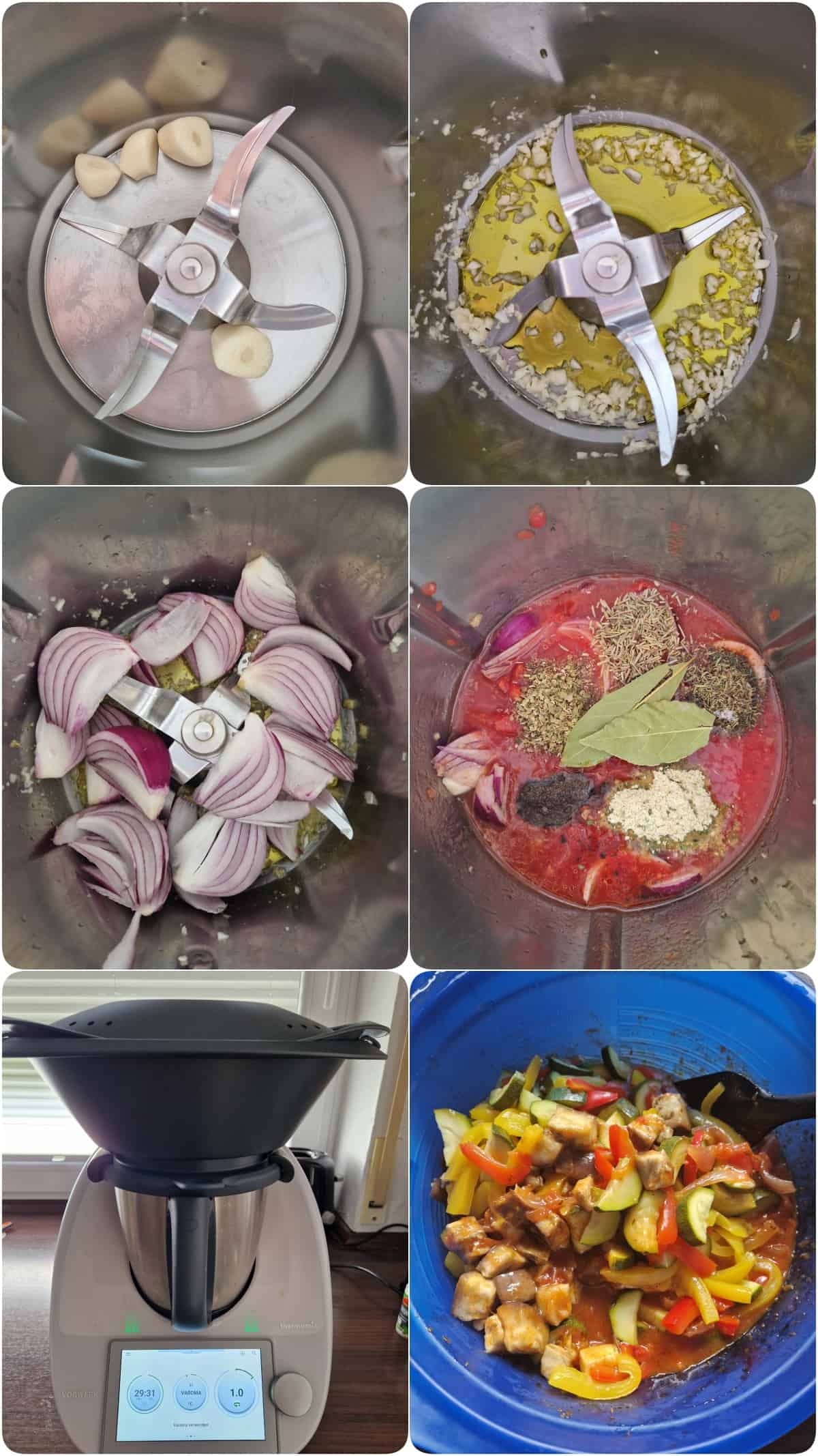 Eine Collage der Zubereitungsschritte für Ratatouille.