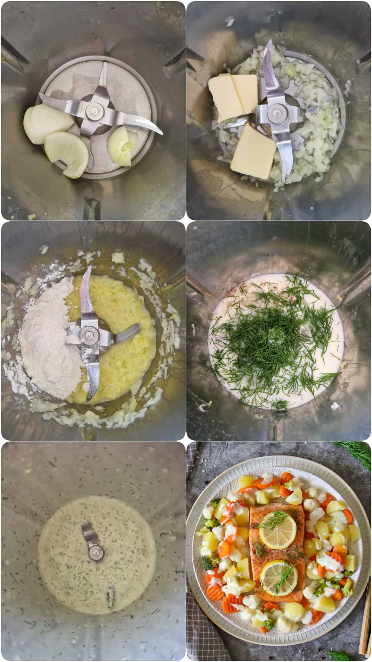 Eine Collage der Zubereitungsschritte für Lachsfilet mit Gemüse, Kartoffeln und Dillsoße.