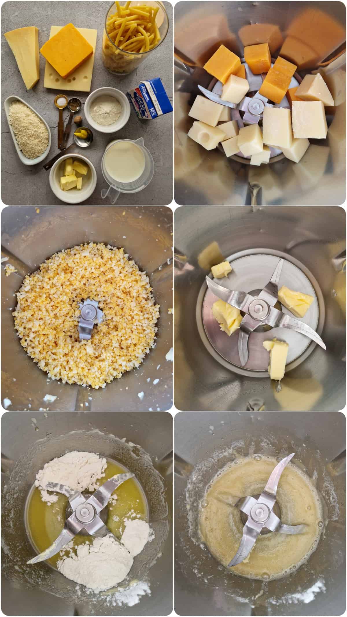 Eine Collage der Zubereitungsschritte für Mac and Cheese.
