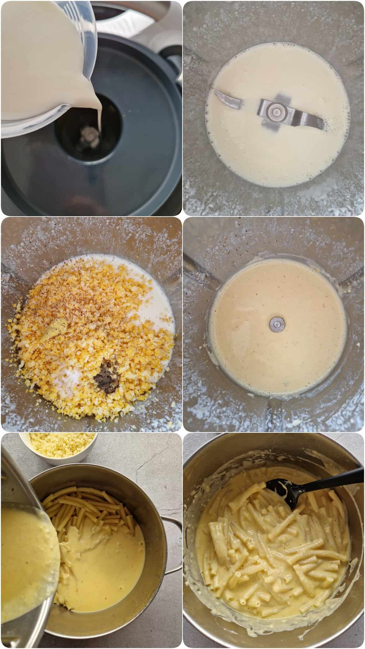 Eine Collage der Zubereitungsschritte für Mac and Cheese.