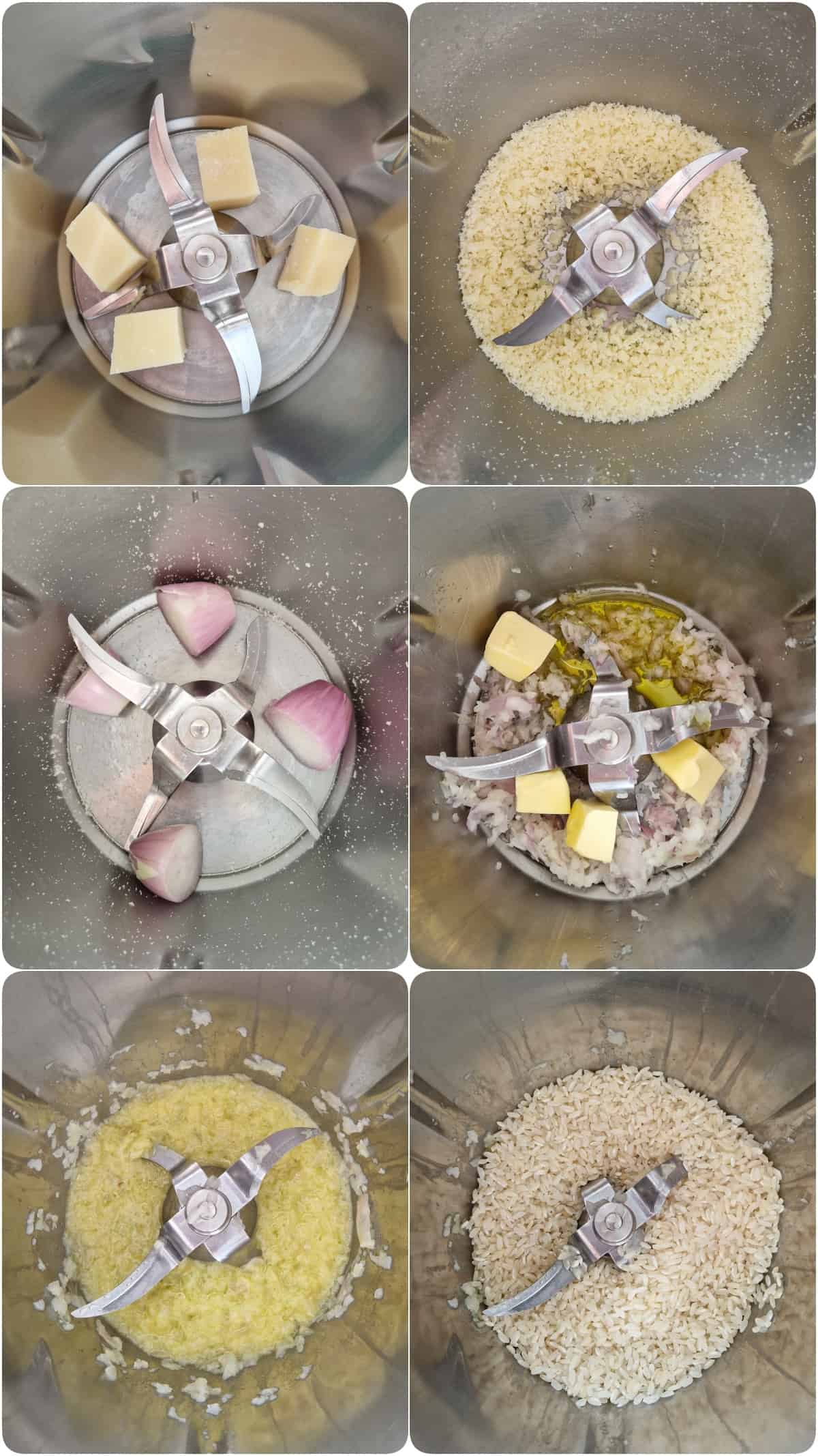 Eine Collage der Zubereitungsschritte für Pilzrisotto mit gebratenen Champignons.