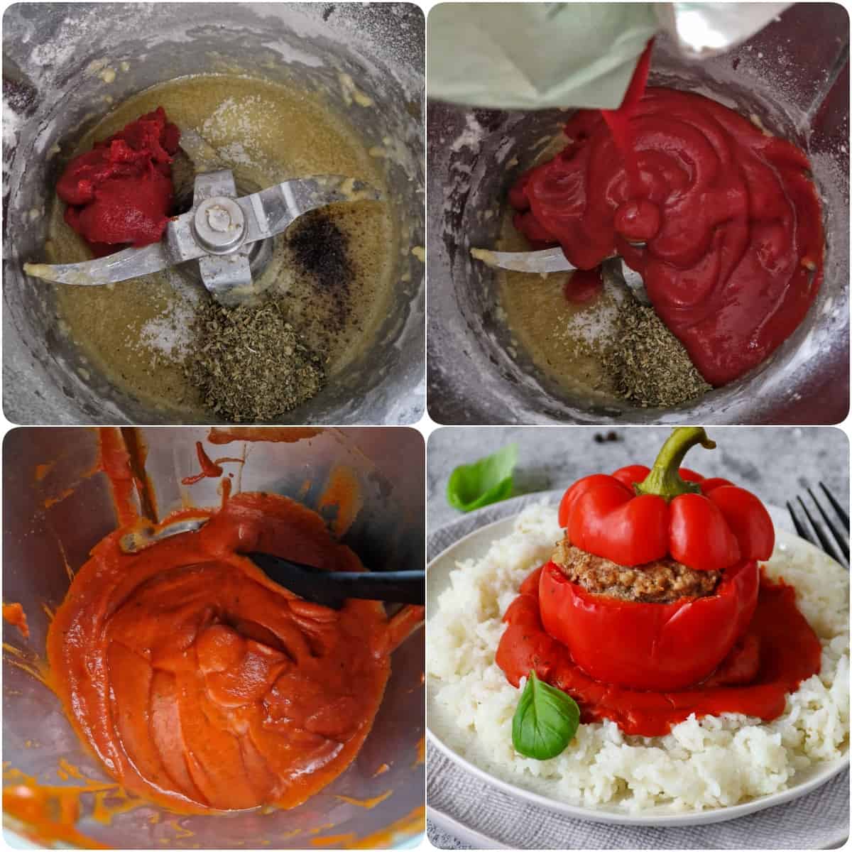 Eine Collage der Zubereitungsschritte für gefüllte Paprika mit Hackfleisch.